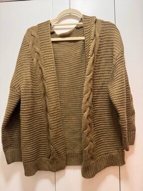 Olive Green Cable Knit Open-Front Women's Sweater Cardigan